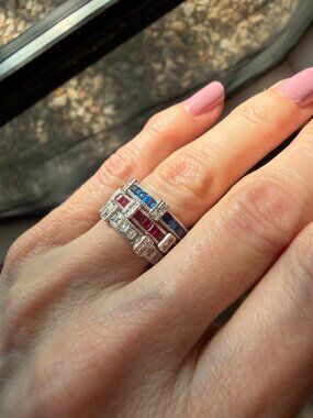 Art Deco 925 Sterling Ruby Red, Diamond White & Sapphire Blue CZ Stack Ring Set